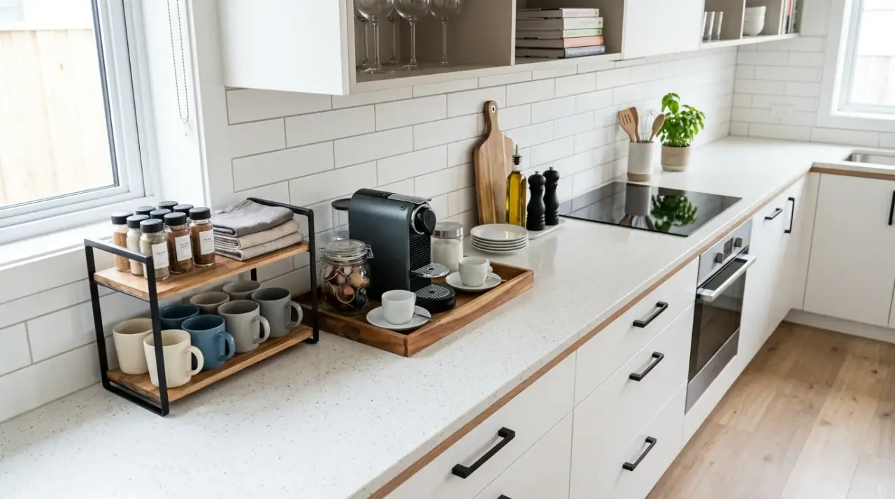 Coffee zone on small counter. Clutter free small counter with one defined coffee station.