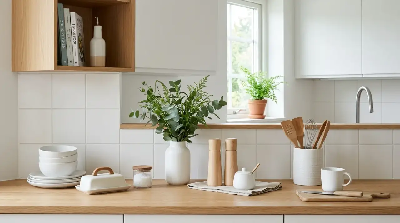 Utensil crock small kitchen. Small kitchen counter kept tidy with a smaller edited utensil crock.