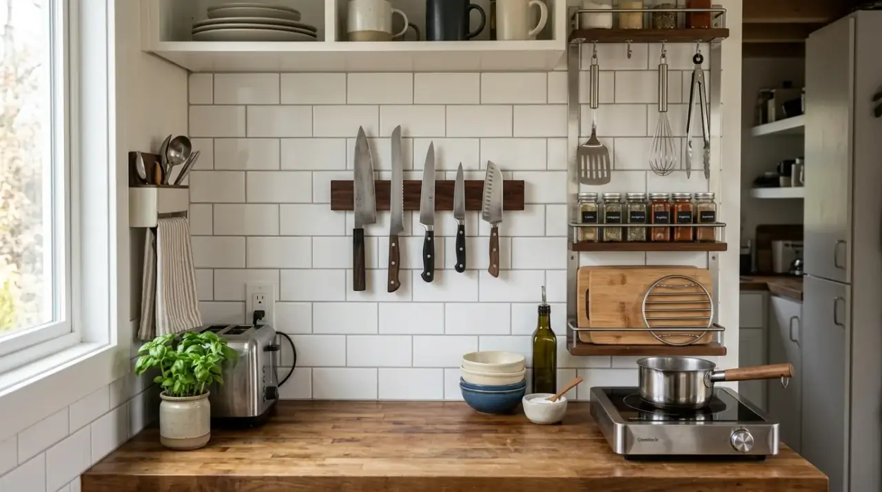 Declutter small kitchen counter. Clutter free counter protected from mail and miscellaneous household items.