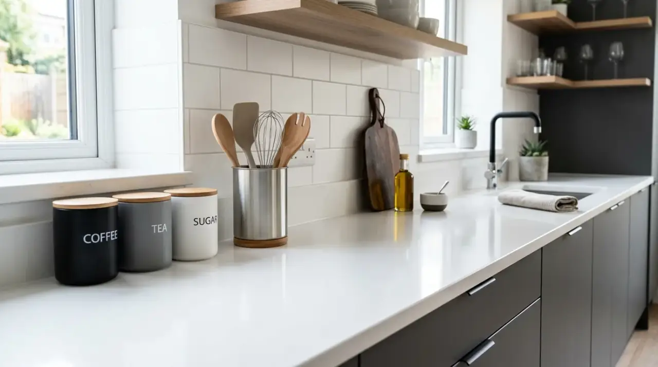Matching counter containers. Tidy small kitchen counter styled with coordinated storage containers.