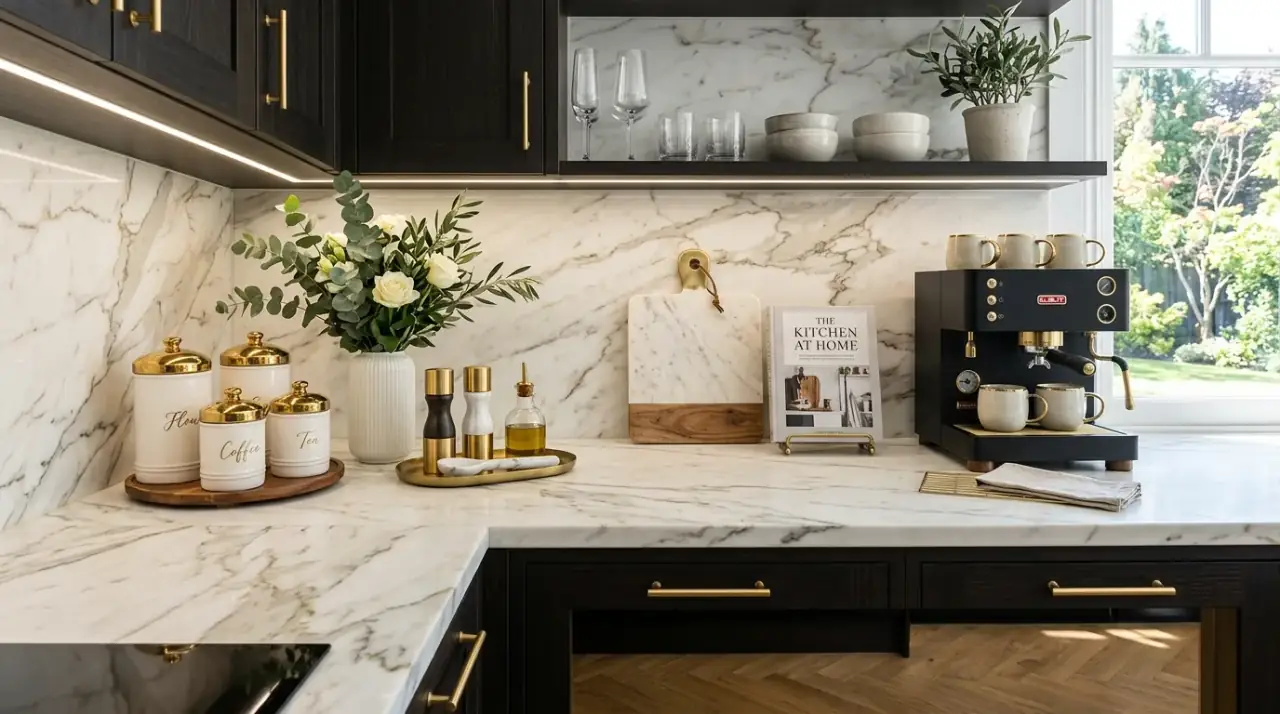 Backsplash rail organization. Clutter free small kitchen counter supported by hooks and rails.