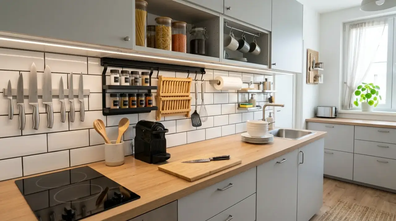 Nightly reset small counter. Tidy small kitchen counter maintained through a simple evening reset.