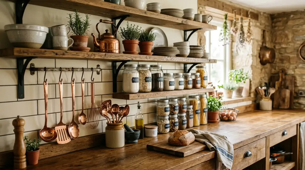 Useful decor on small counter. Clutter free small kitchen counter with a few practical decorative touches.