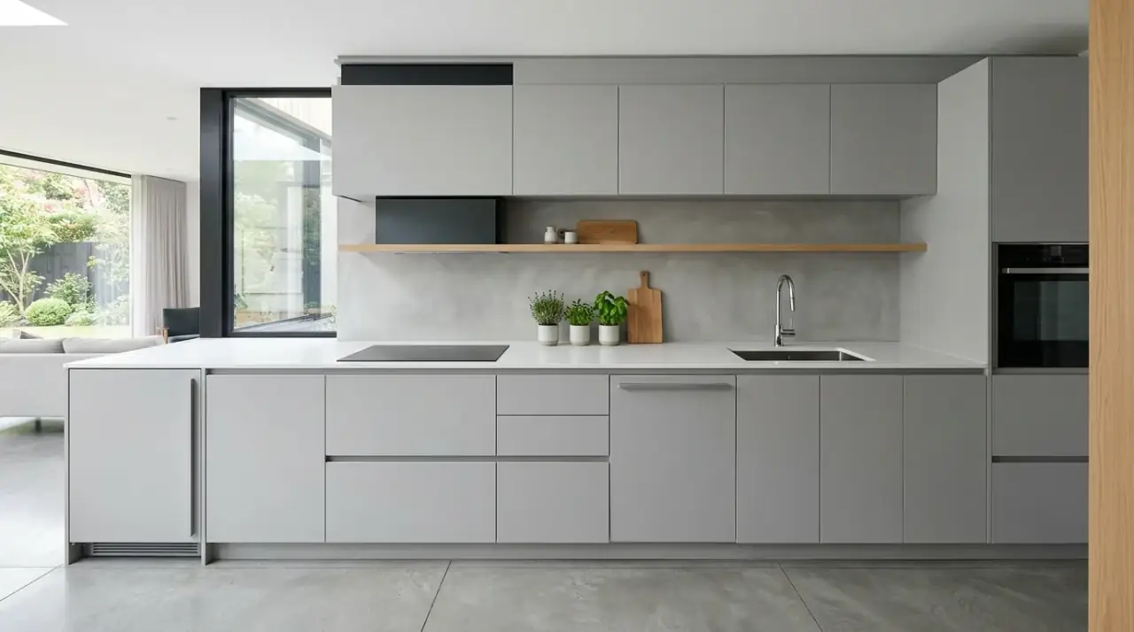 Drawer use instead of counter clutter. Small kitchen counter kept clear by storing tools in nearby drawers.