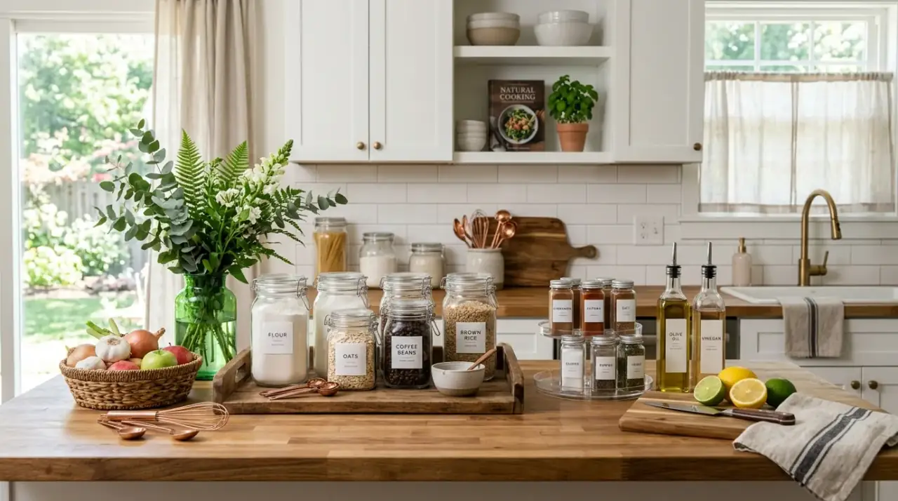 Small kitchen counter overview. Tidy small kitchen counter organization creating a clutter free zone.