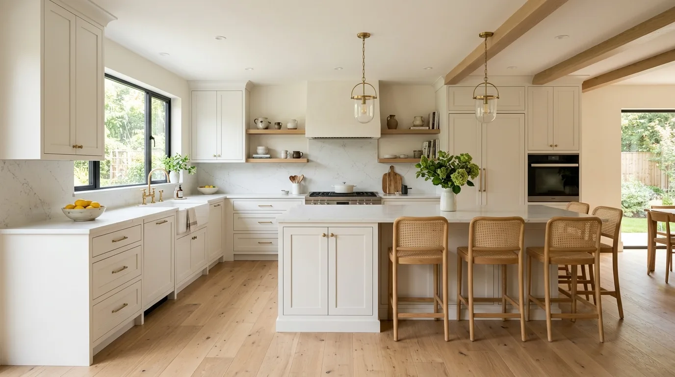 Modern neutral kitchen palette with timeless tones and versatile contemporary styling.