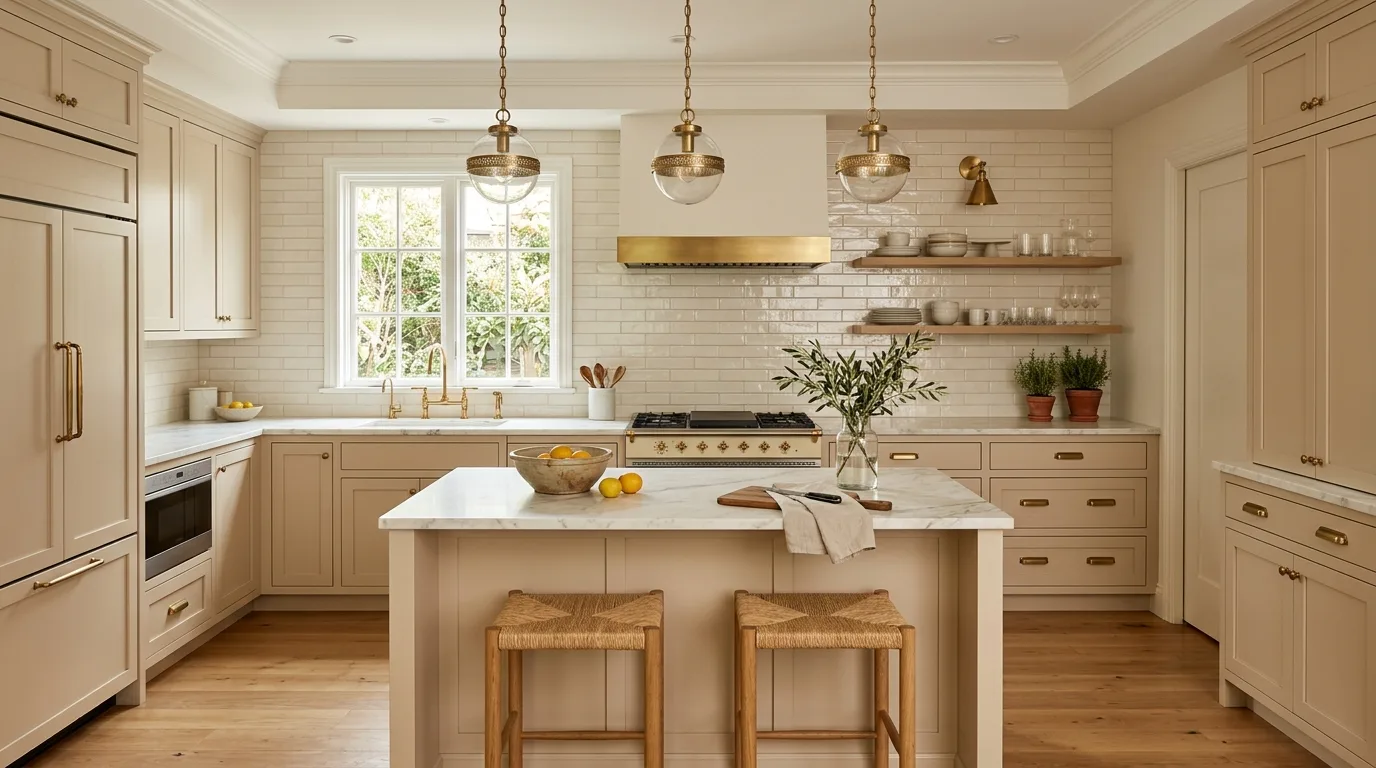Greige modern kitchen color palette. Balanced neutral tone for a versatile contemporary kitchen.