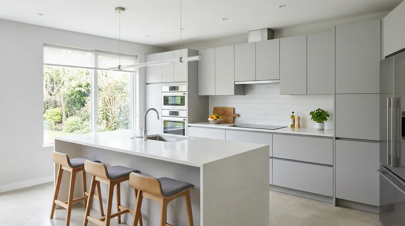 Soft taupe modern kitchen. Sophisticated neutral palette with warm understated depth.