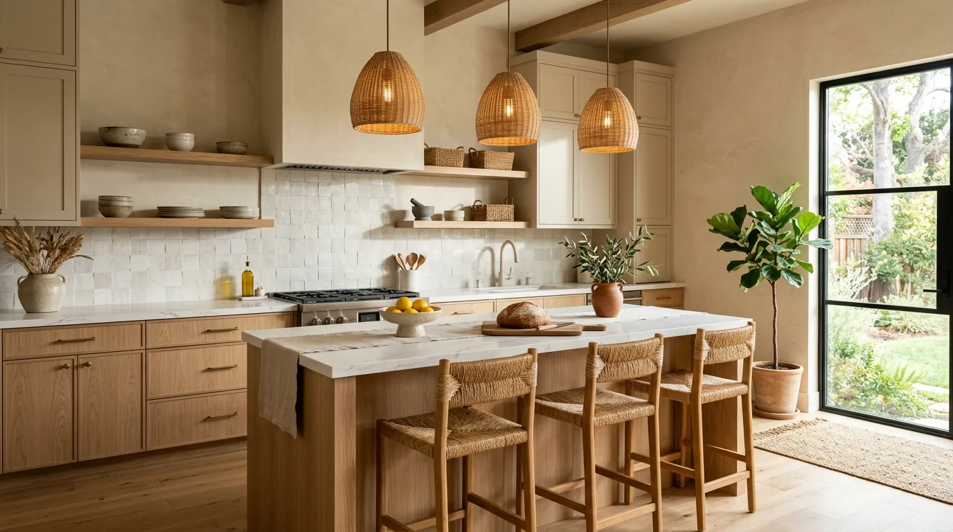 Sand beige modern kitchen palette. Warm subtle neutral colors for a contemporary versatile room.