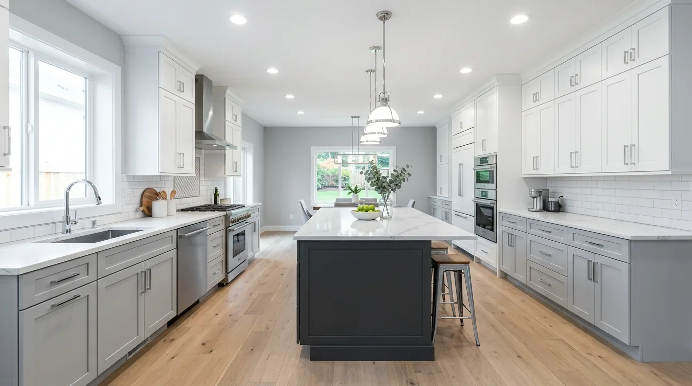 Charcoal accent in neutral modern kitchen. Deep neutral contrast inside a timeless kitchen palette.