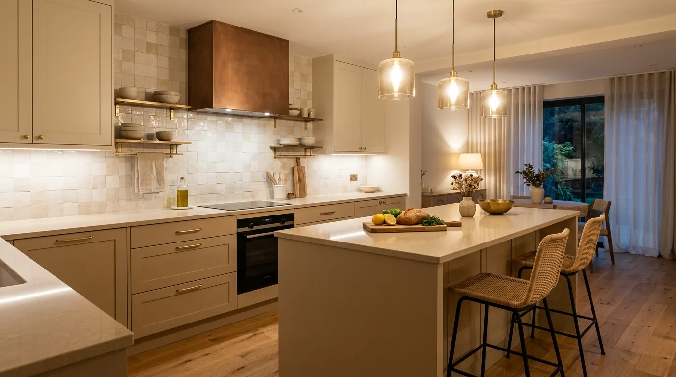 Ivory and oak neutral kitchen. Organic modern palette with warm wood and soft light neutrals.
