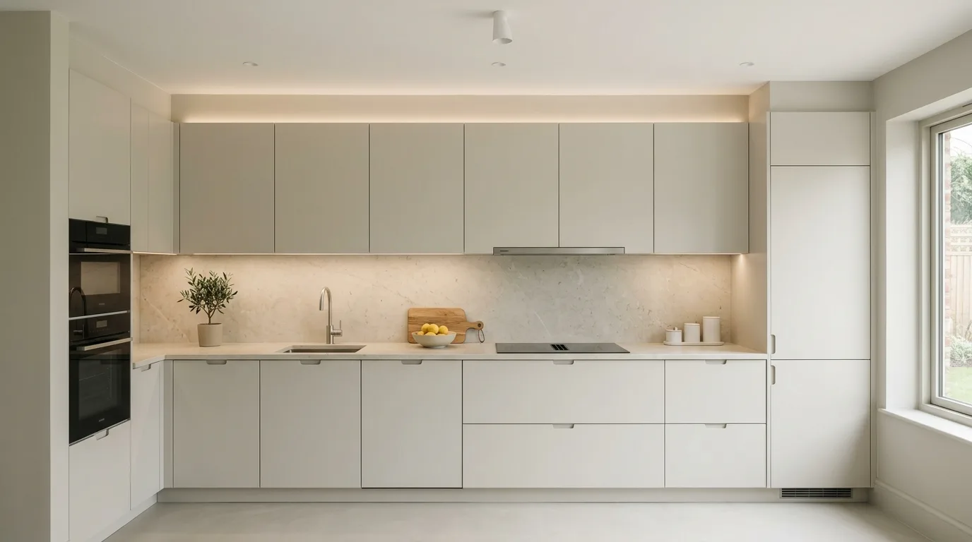 Stone white kitchen palette with veining. Textured neutral kitchen surfaces for timeless modern style.