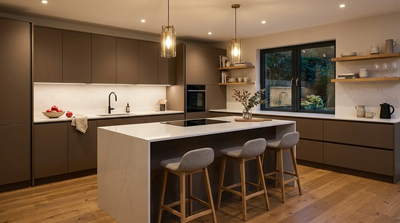 Layered beige and grey kitchen palette. Modern neutral kitchen colors creating nuanced versatile depth.