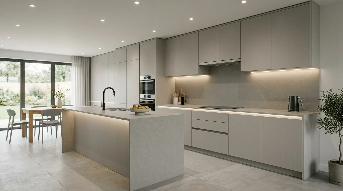 Neutral palette selected for whole modern kitchen. Timeless versatile kitchen colors planned as a complete room.