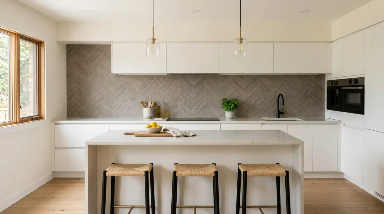 Greige zellige backsplash. Neutral handcrafted backsplash tile with gentle movement and sheen.