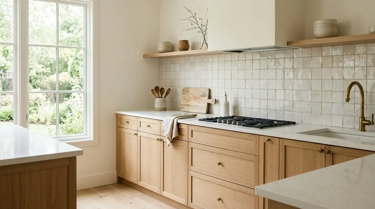 Neutral stone slab backsplash. Seamless beige stone backsplash creating a calm versatile kitchen backdrop.