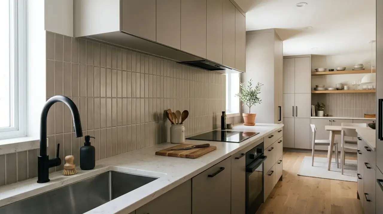 Taupe grout neutral backsplash. Pale backsplash tile with soft grout adding gentle definition.