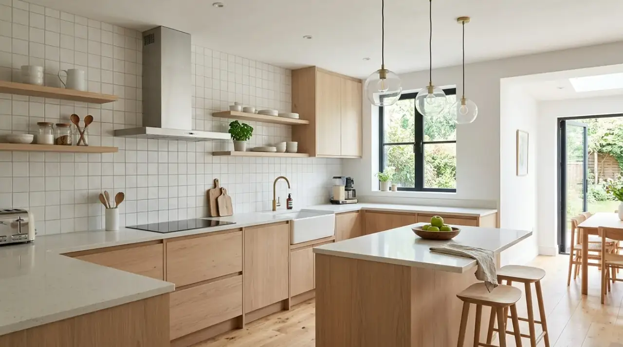 Stacked neutral backsplash tile. Light mushroom tile backsplash arranged in a clean vertical pattern.