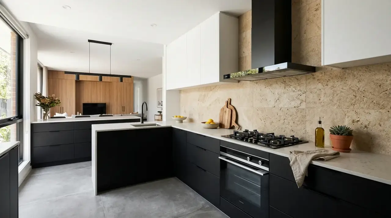 Mushroom herringbone backsplash. Soft patterned neutral backsplash adding understated movement to the kitchen.