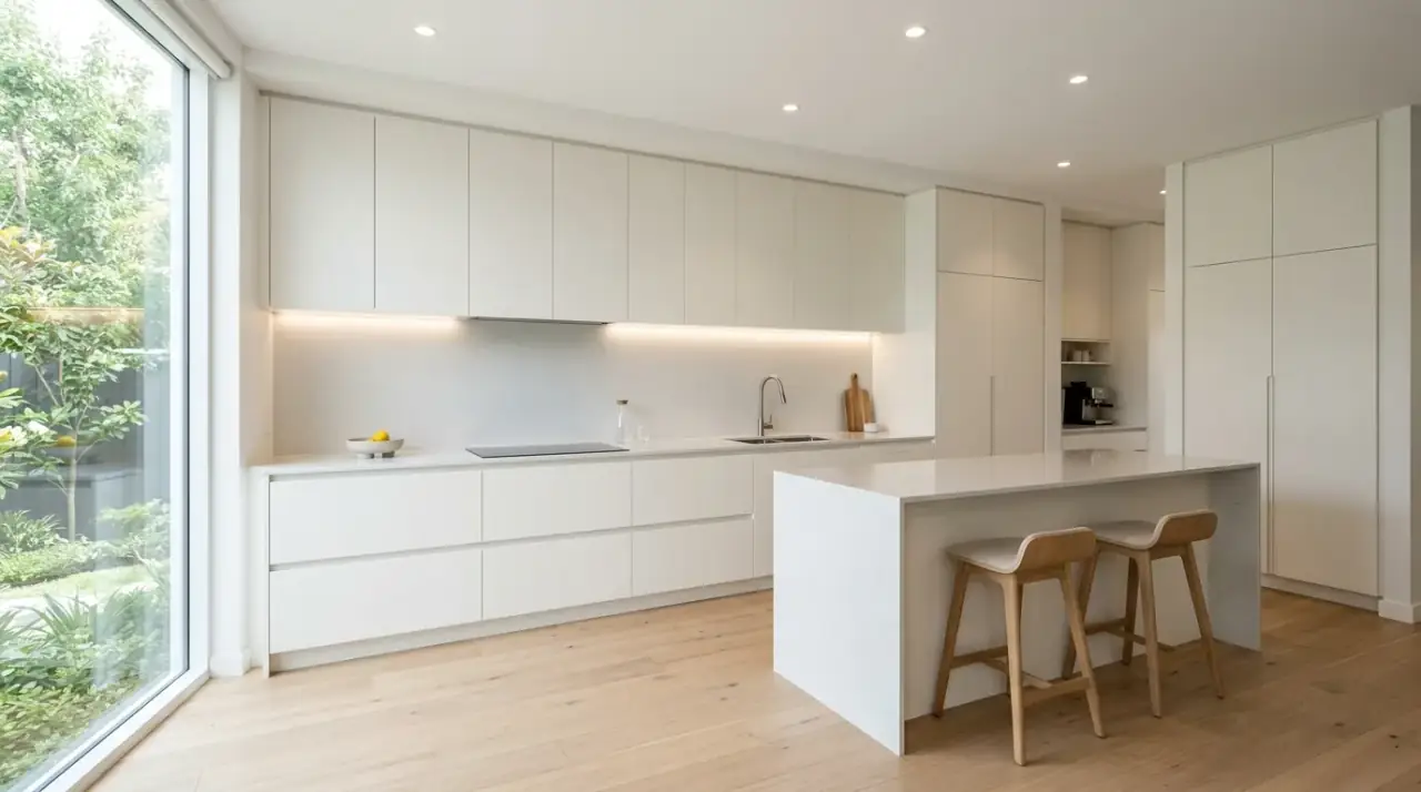 Matte ivory backsplash tile. Soft square tile backsplash with a relaxed low-sheen neutral finish.