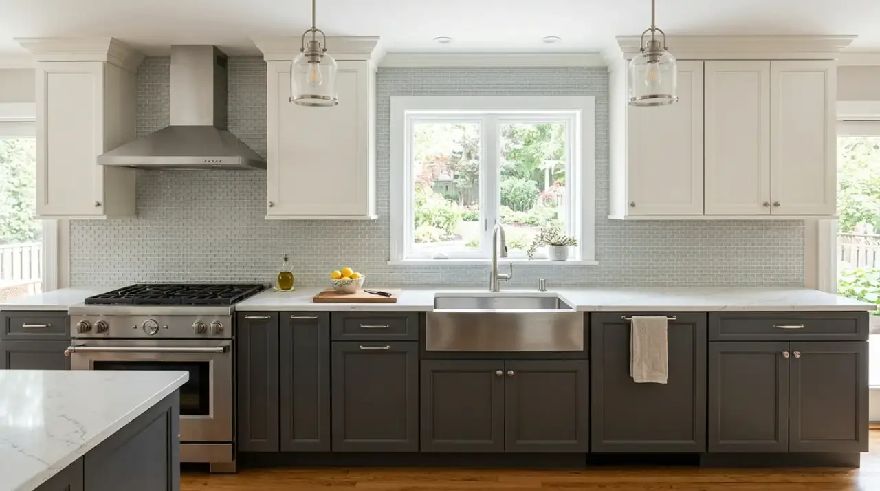 Full-height neutral backsplash. Extended backsplash wall creating a more polished versatile kitchen.