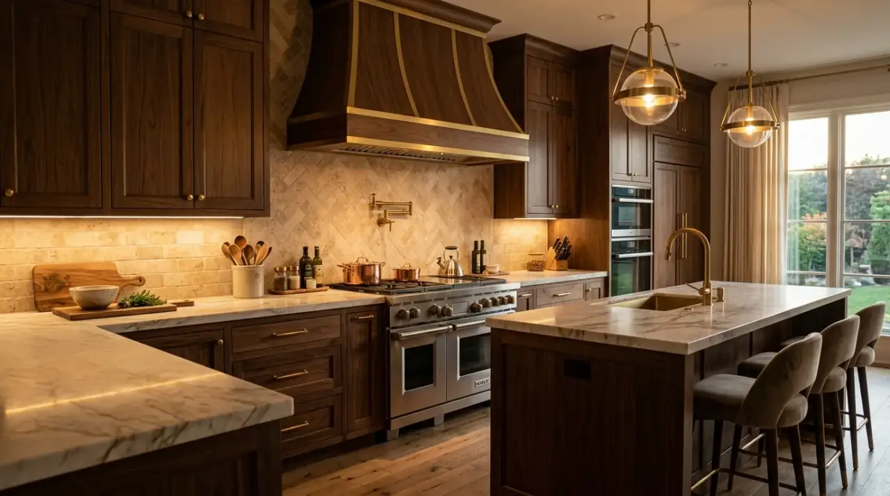 Mixed neutral stone backsplash. Layered stone backsplash with closely related warm neutral tones.