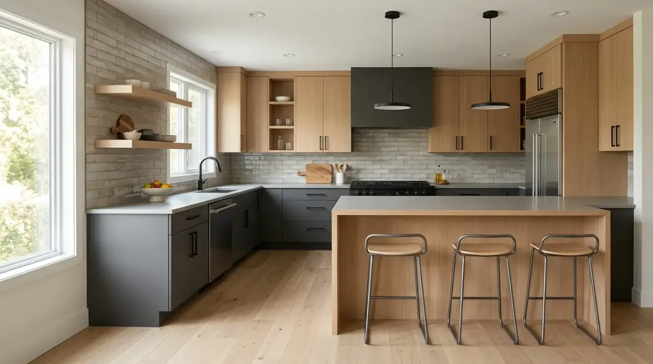 Neutral backsplash with wood accents. Versatile backsplash warmed by nearby wood tones and textures.