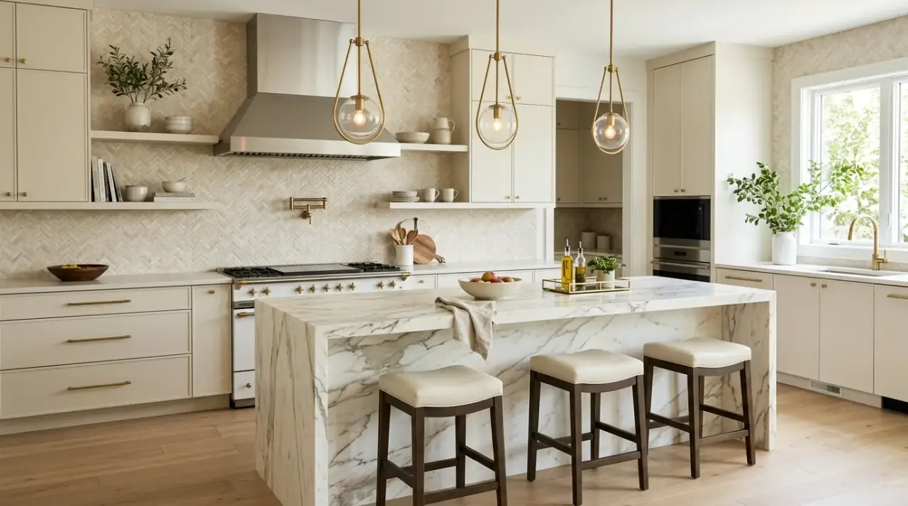 Neutral backsplash overview. Timeless kitchen backsplash chosen for lasting versatility and subtle depth.