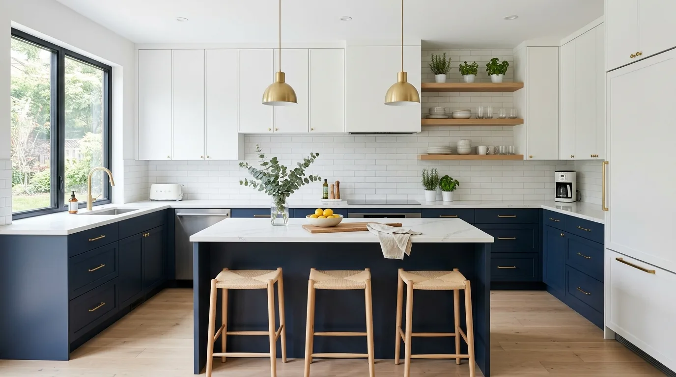 Trendy two-tone kitchen cabinets creating layered contrast and visual interest.