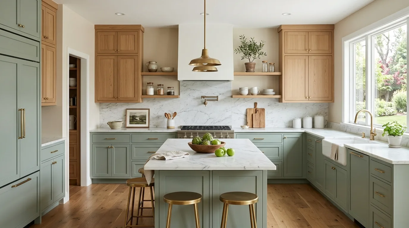 Sage and white two-tone kitchen cabinets. Soft fresh cabinetry pairing with natural modern charm.
