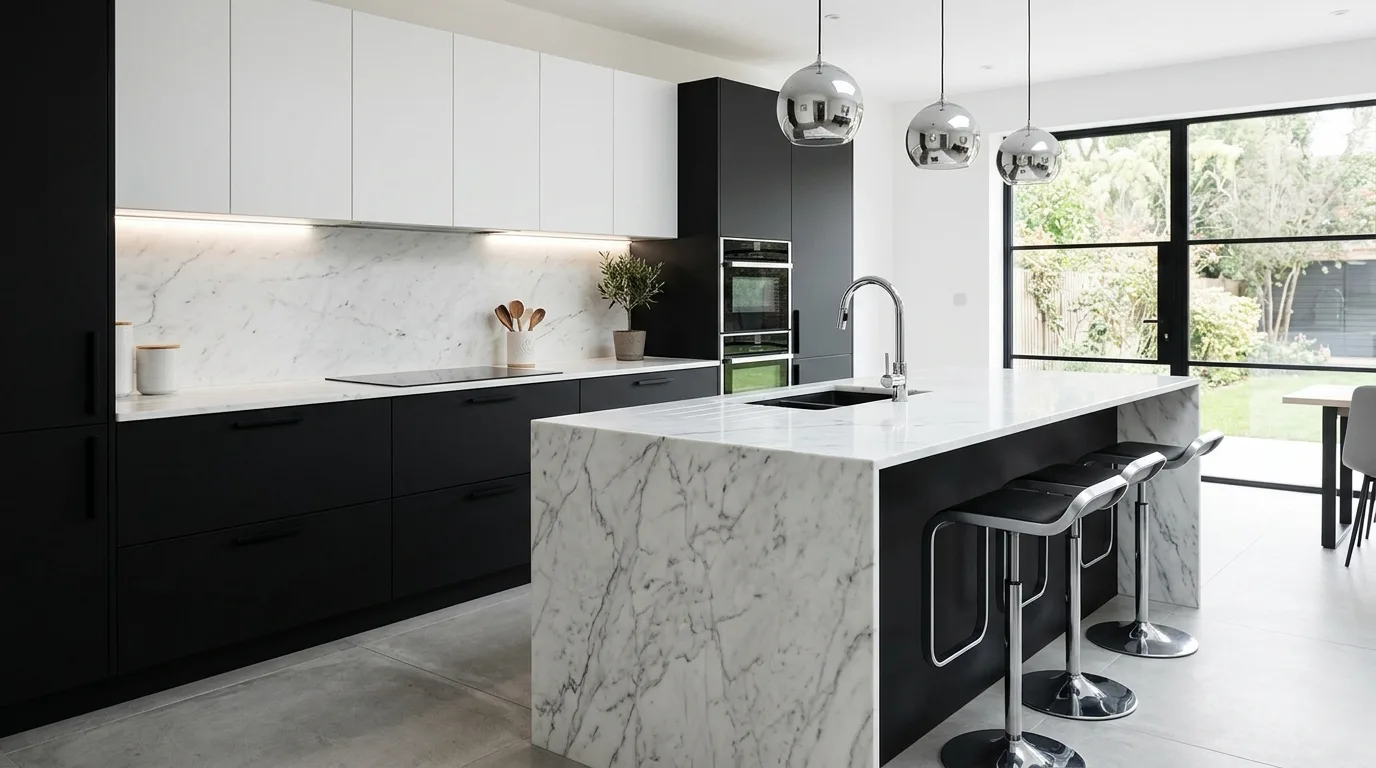 Greige kitchen with darker island cabinets. Tonal two-tone cabinetry creating a refined centerpiece.