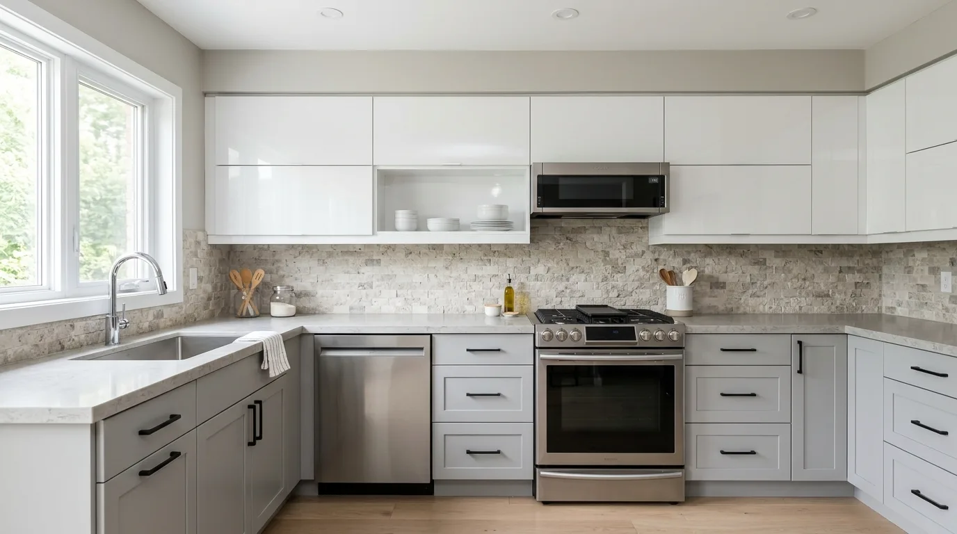 Olive and cream two-tone kitchen cabinets. Earthy layered cabinetry with warm visual interest.