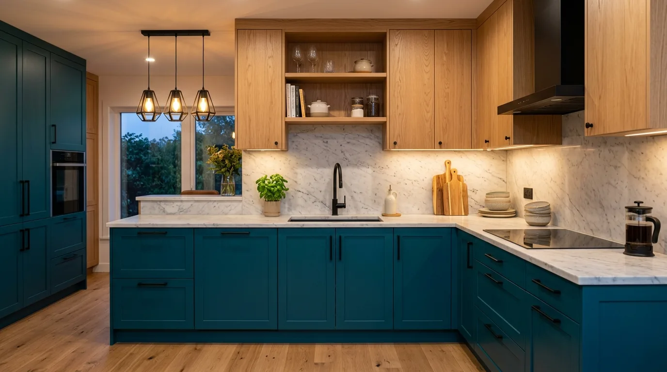Taupe and walnut two-tone kitchen. Low-contrast cabinetry with refined tonal depth.