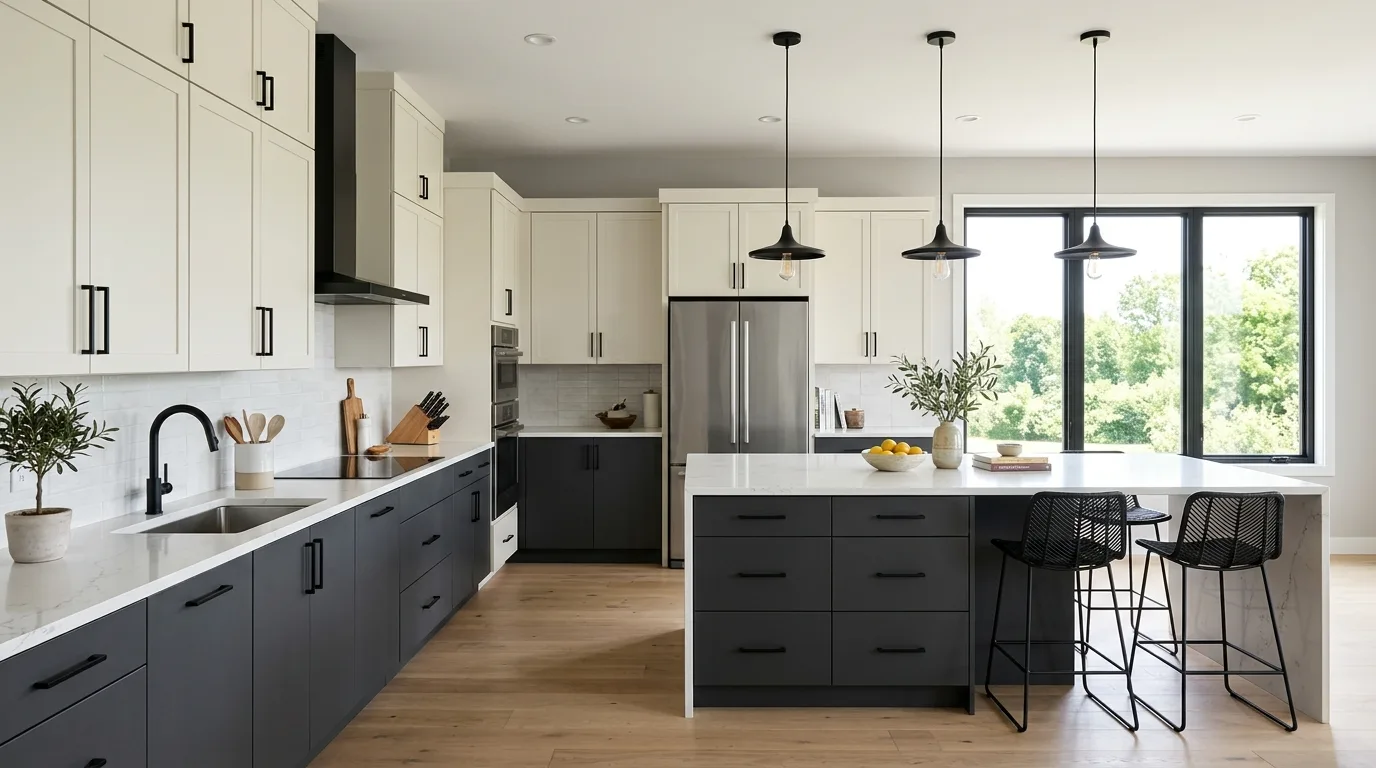Charcoal island with white kitchen cabinets. Modern two-tone cabinetry with a strong central focal point.