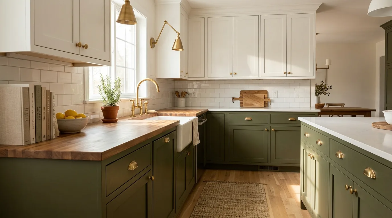 Blush and white two-tone kitchen cabinets. Soft colorful cabinetry with bright airy contrast.