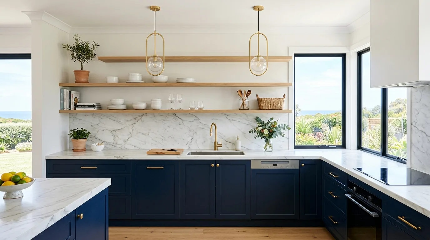 Forest green and oak two-tone kitchen cabinets. Natural layered cabinetry with warm earthy character.