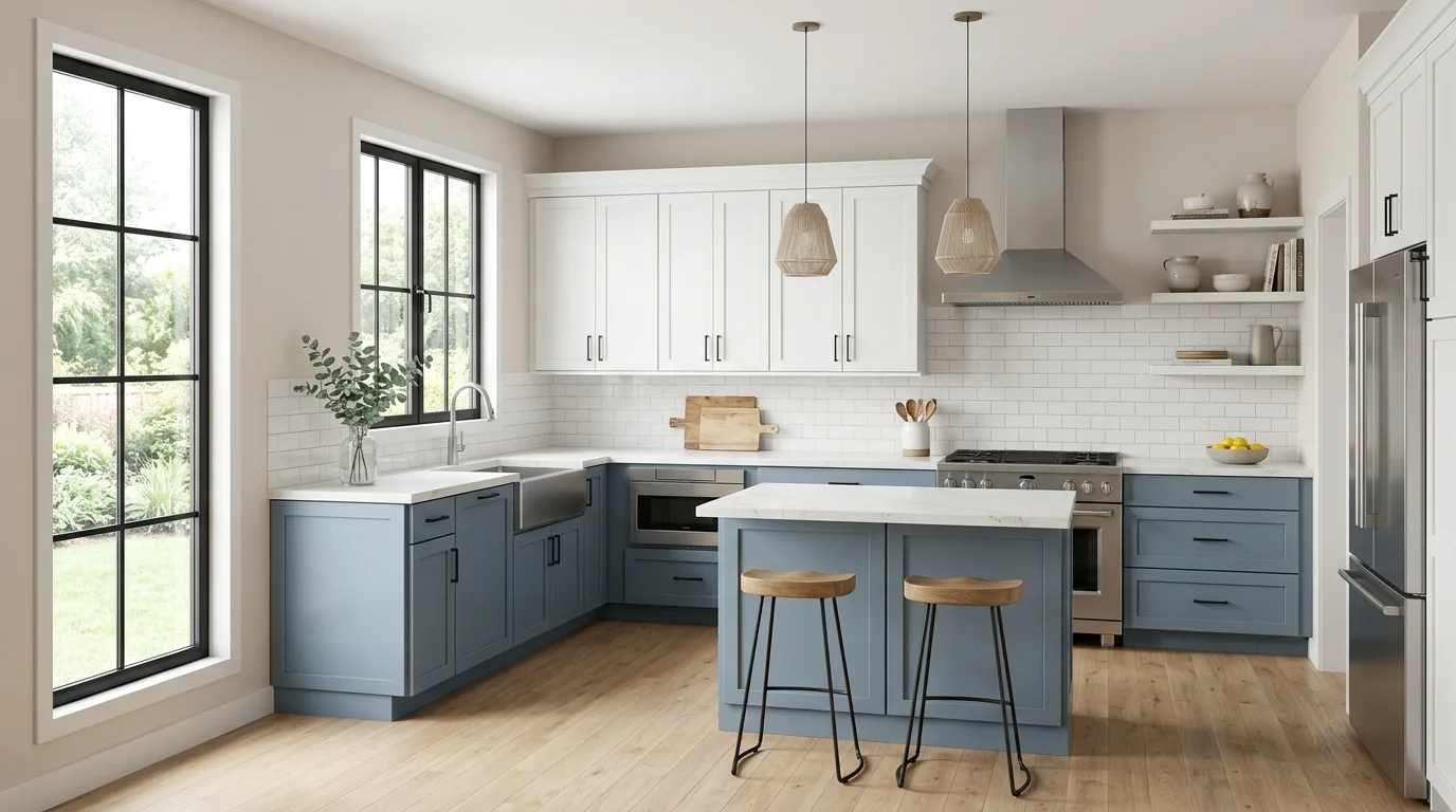 Gloss white and matte grey kitchen cabinets. Modern two-tone cabinetry with color and finish contrast.