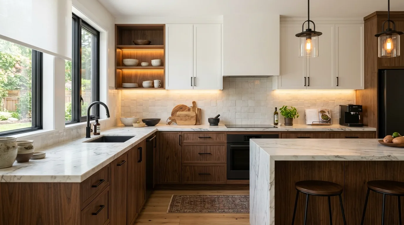 Dusty blue island in neutral kitchen. Soft focal-point cabinetry creating visual interest.