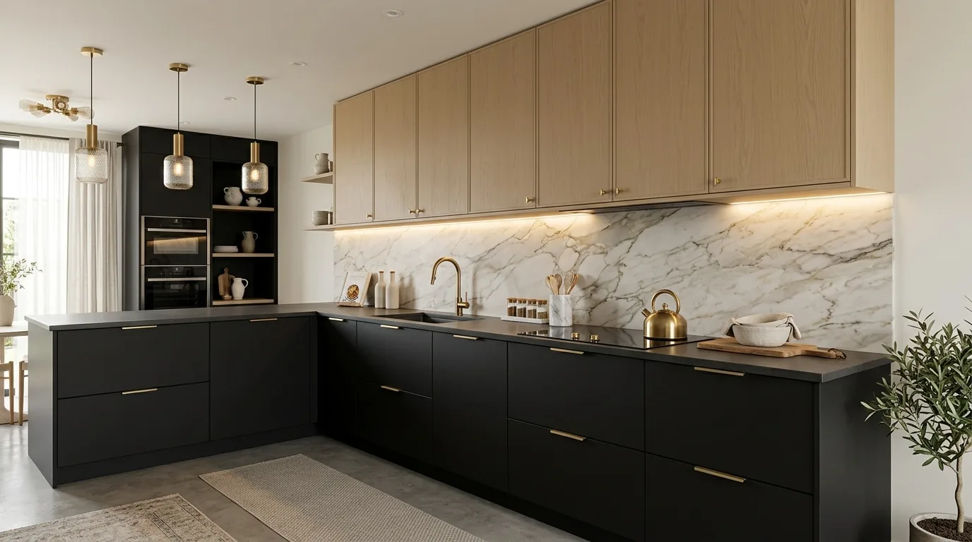 Deep brown and warm white kitchen cabinets. Classic two-tone cabinetry with grounded warmth.