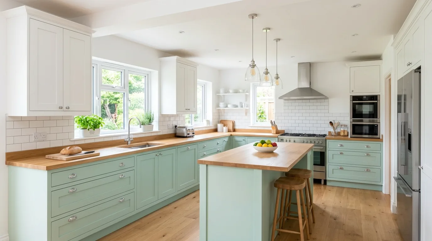 Terracotta and sand two-tone kitchen cabinets. Warm creative cabinetry pairing with earthy visual interest.