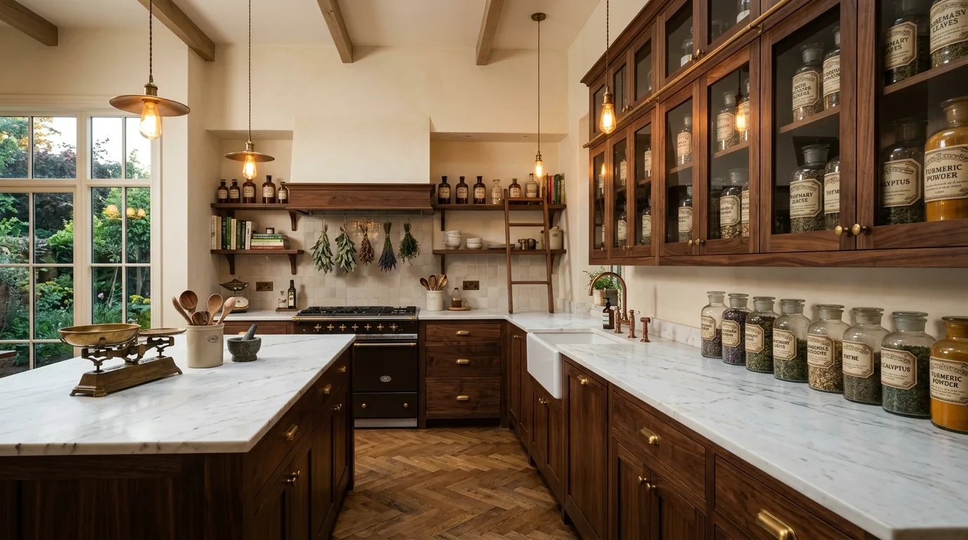 Modern apothecary kitchen blending vintage character with practical contemporary style.