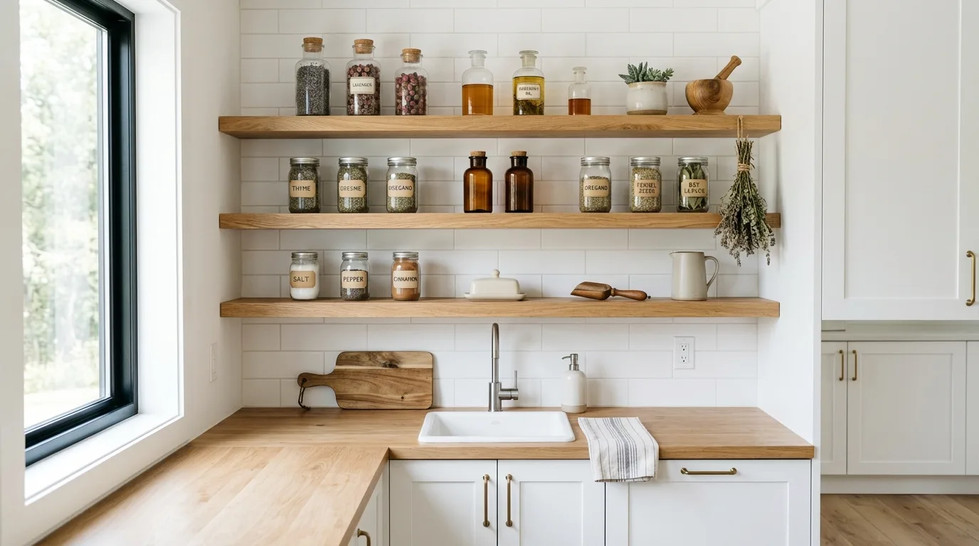 Warm wood modern apothecary kitchen. Vintage mood created through timber and cleaner cabinet lines.