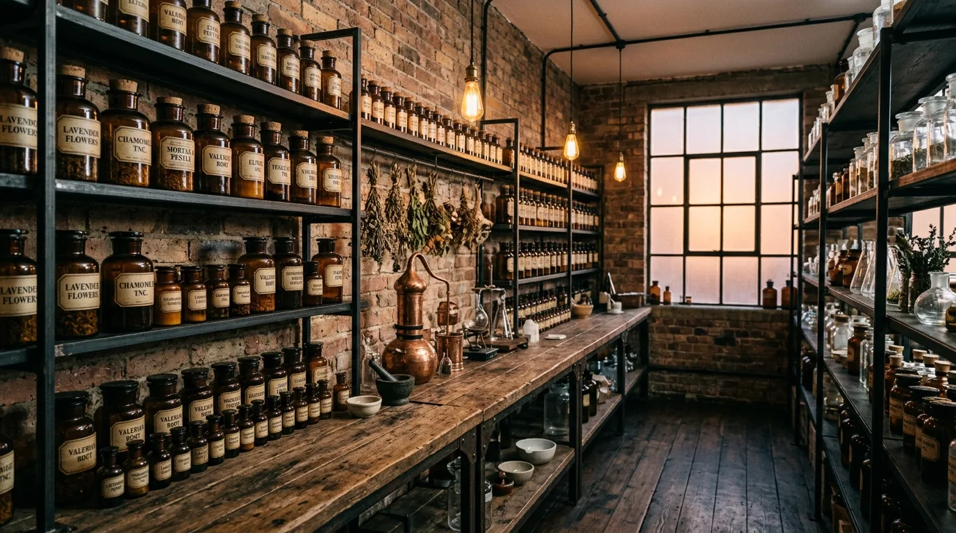 Glass jars in apothecary-style kitchen. Organized pantry storage doubling as vintage-inspired decor.