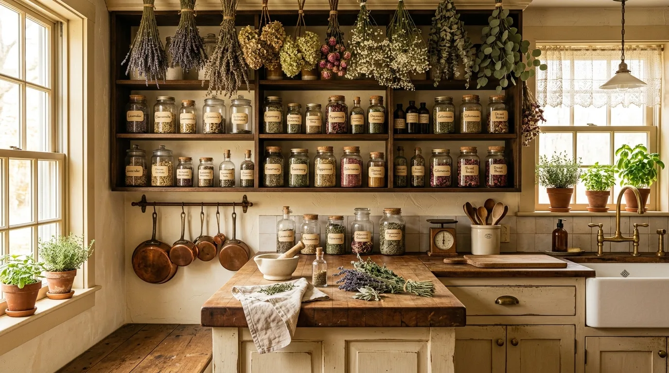 Dark metal hardware in apothecary kitchen. Vintage-inspired finishes adding depth to a modern cookspace.