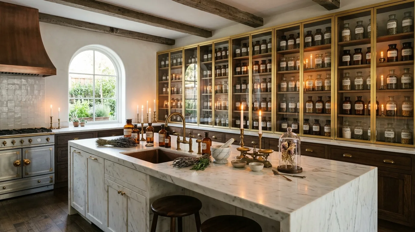 Open shelves in modern apothecary kitchen. Curated everyday storage creating a vintage-style atmosphere.