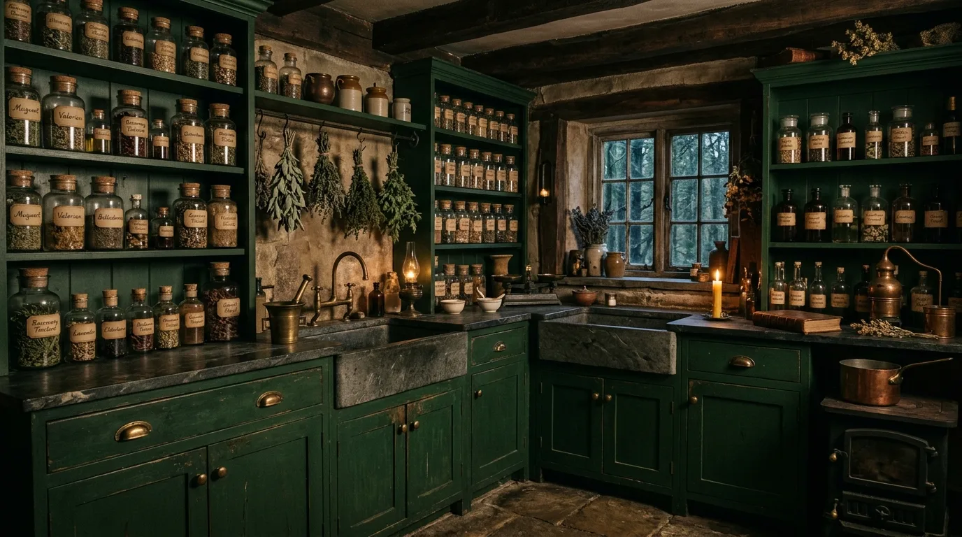 Muted paint colors in apothecary kitchen. Soft aged tones supporting a vintage-inspired modern kitchen.