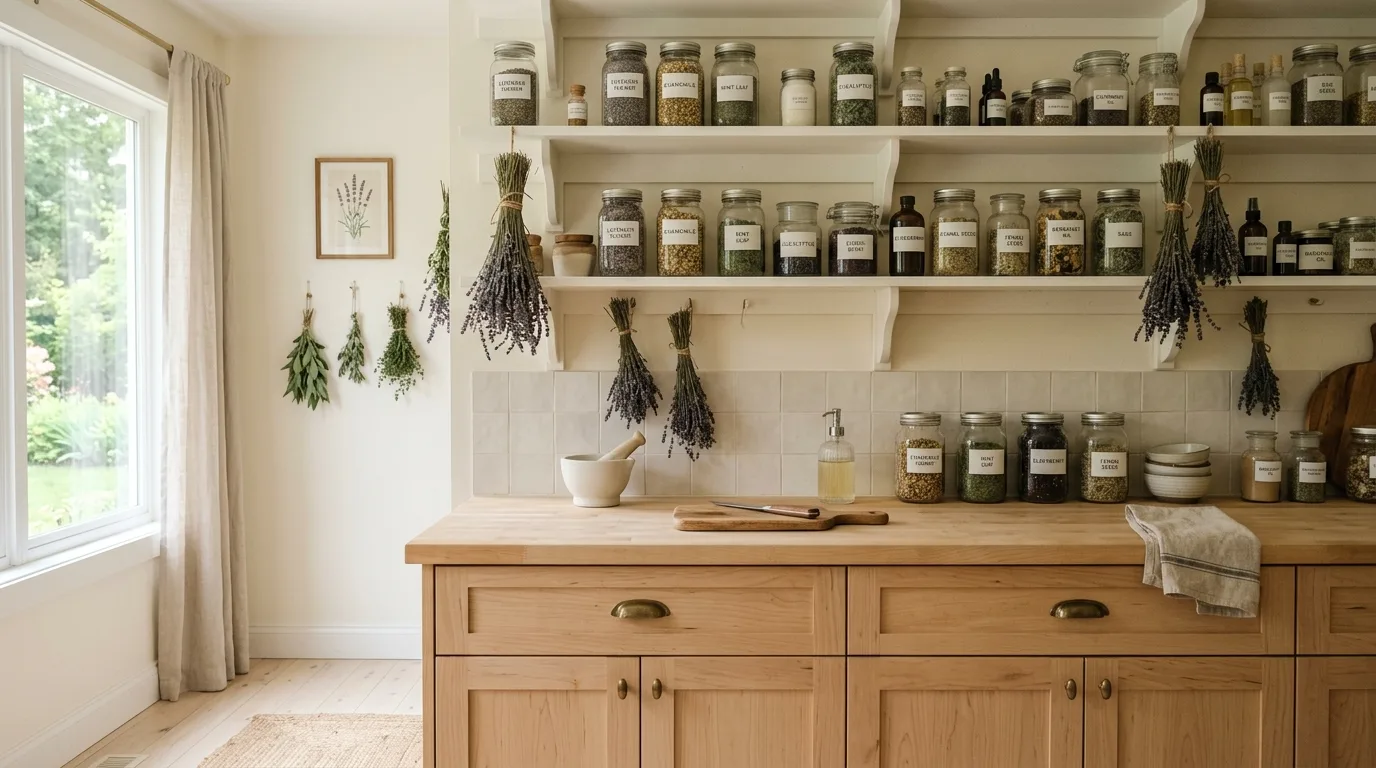 Mixed storage in apothecary kitchen. Balanced open and closed storage supporting a vintage vibe.