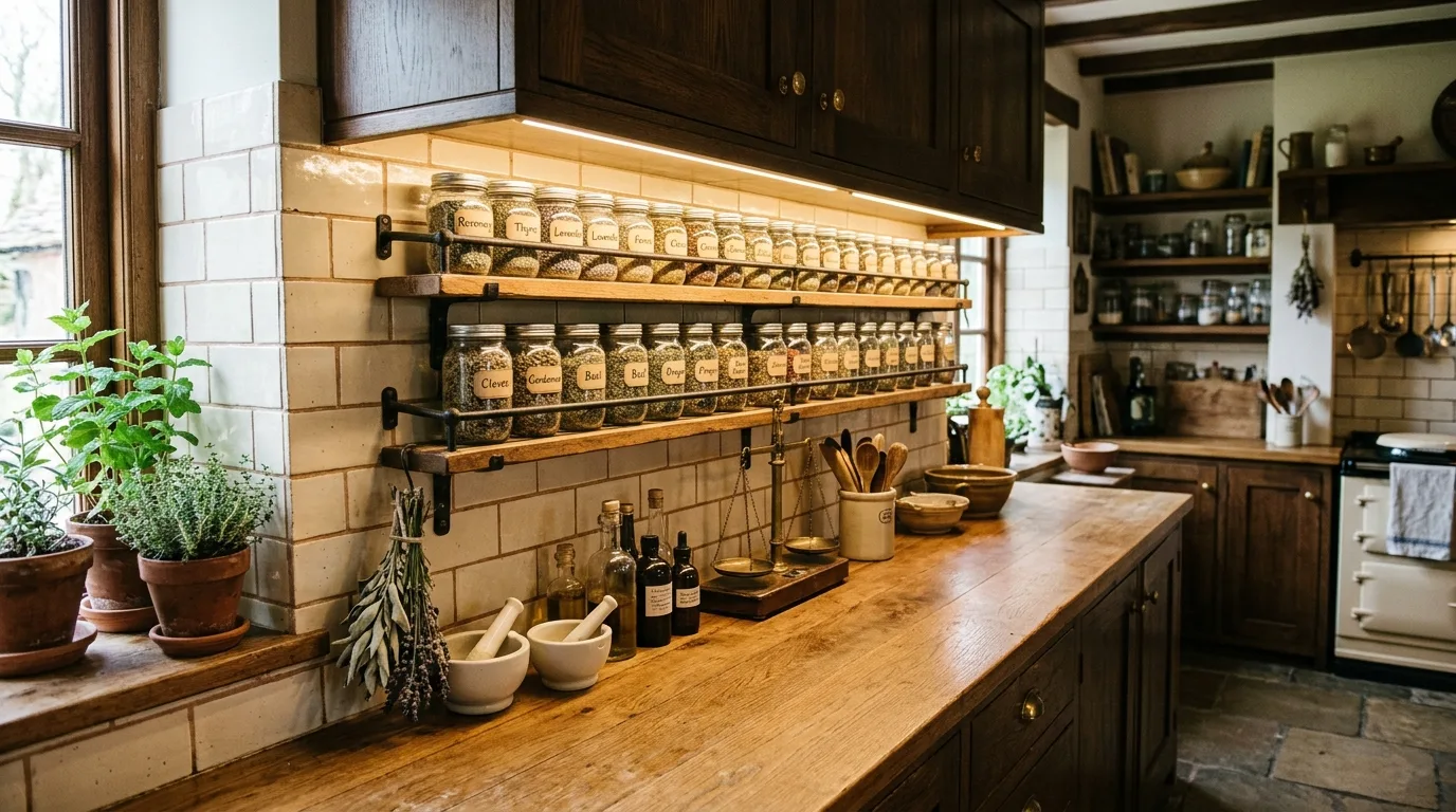 Stone surfaces in apothecary kitchen. Vintage-style countertop materials adding depth and authenticity.