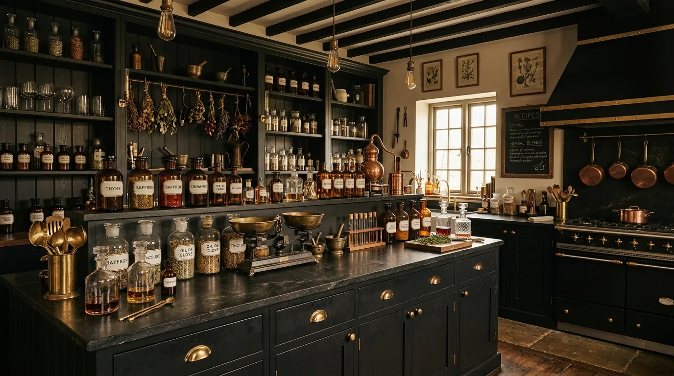 Labeled storage in apothecary kitchen. Selective labeling adding useful vintage charm to the space.