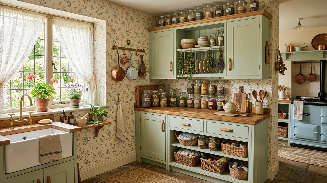 Vintage-inspired lighting in apothecary kitchen. Old-shop style fixtures strengthening the kitchen's layered mood.